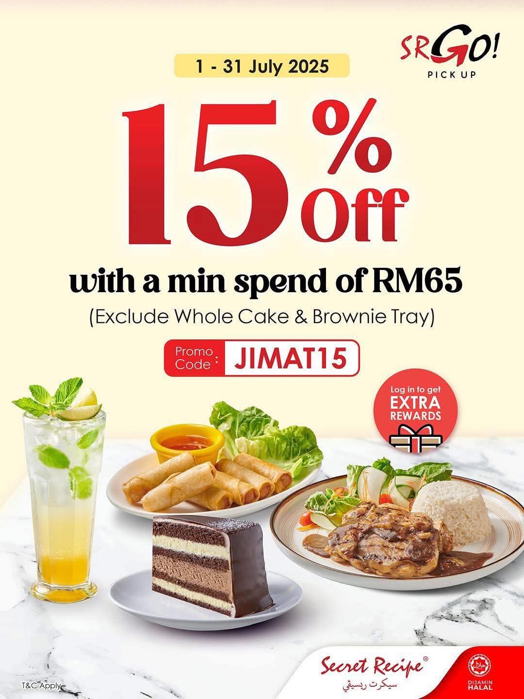 Secret Recipe - 15% off with a minimum spend of RM65 (exclude Whole Cake & Brownie Tray).